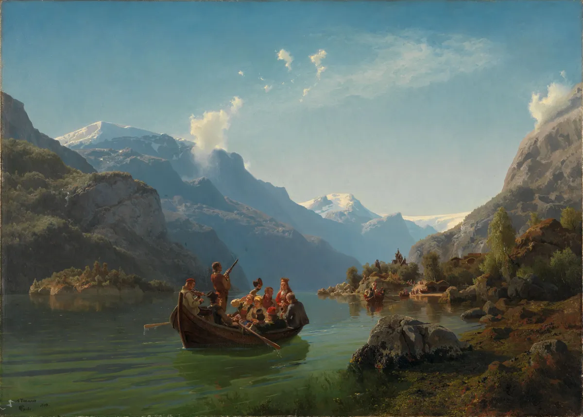 Maleri av et brudefølge i robåt på en blank fjord, med fjell og isbre i bakgrunnen